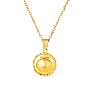Golden stainless steel round shell pendant necklace with nautical relief on white background