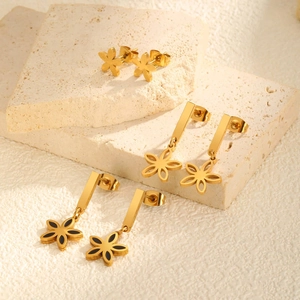 3 Pairs Stainless Steel Gold Flower Earring Set For Women Elegant Floral Stud And Dangle Earrings Jewelry Gift Accessories
