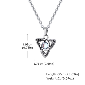Detailed view of Celtic knot triangle pendant with size dimensions and blue moonstone