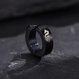 Minimalist black stainless steel clip-on hoop earring with silver dragon pattern for men