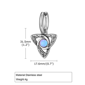 Detailed size view of stainless steel Celtic triquetra earrings with blue moonstone bead