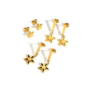 Three-piece set of gold stainless steel flower earrings including studs and long drops