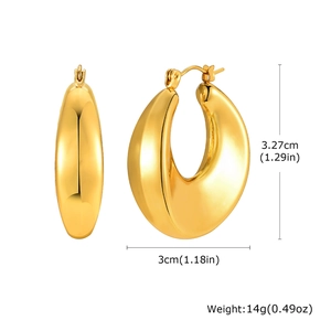Detail view of large gold thick hoop earrings with dimensions 3.27cm height and 3cm width