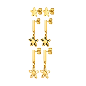 Three-piece gold stainless steel flower earring set including studs and floral pendants