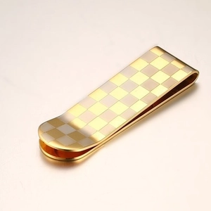 Business money clip with gold and silver checkered pattern in polished stainless steel