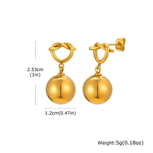 Detailed view of 18K gold plated knotted rope design earrings with hollow metal beads