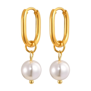 Élégantes boucles d'oreilles ovales dorées en acier inoxydable avec perles blanches