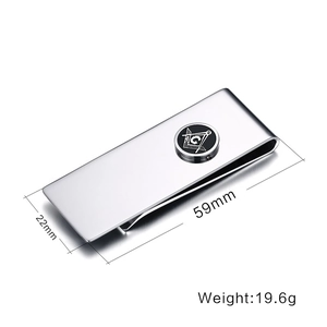Detailed view of Freemasonry money clip with dimensions 59mm by 22mm in stainless steel