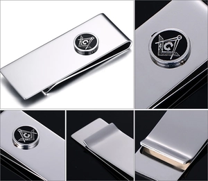 Polished stainless steel money clip with Masonic compass and square emblem on black badge