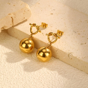 Ins style 18K gold plated stainless steel knotted heart bead earrings on stone base