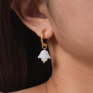 French vintage gold hoop earrings with white lily of the valley flowers and pearls