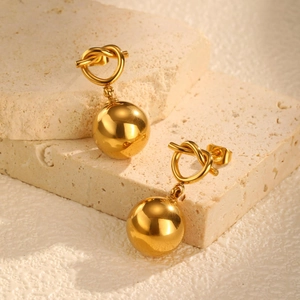 18K gold plated stainless steel knot earrings with polished hollow bead drop for women