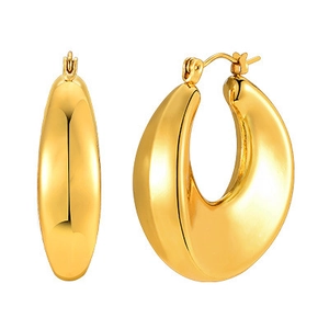 Polished chunky gold hoop earrings with a wide teardrop design and glossy mirror finish