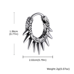 Punk style stainless steel hoop earrings with spike charms and textured finish