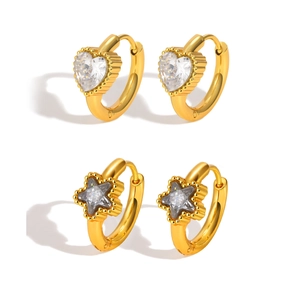 Lot de créoles en acier doré 18K avec pendentifs cœur et étoile en cristal