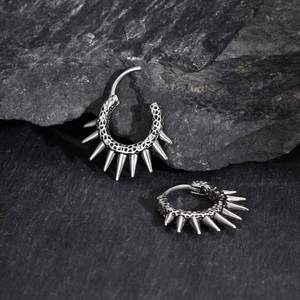 Pair of punk style stainless steel spike hoop earrings with honeycomb texture finish