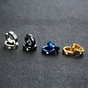 Boucles d'oreilles créoles unisexe en acier inoxydable avec zircon en argent noir bleu et or