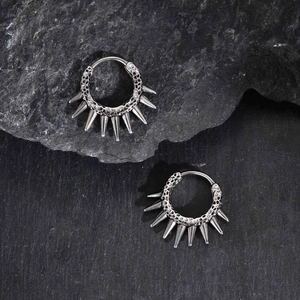 Punk style stainless steel hoop earrings with rivets and honeycomb texture on grey stone