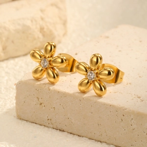 18K gold plated flower stud earrings with sparkling zircon center on natural stone base