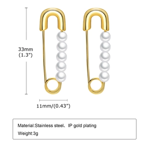 Gold stainless steel safety pin earrings with five white pearls and size markings