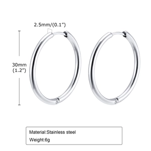 Détails des créoles en acier inoxydable argenté de 30mm avec dimensions et poids