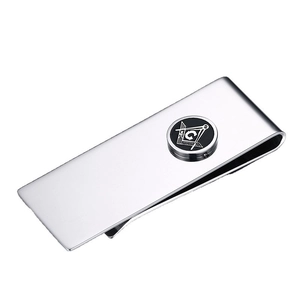 Polished stainless steel money clip featuring a classic Freemason symbol badge