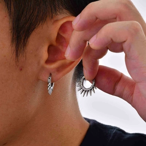 Punk style stainless steel spiked hoop earrings for men and women in distressed silver finish