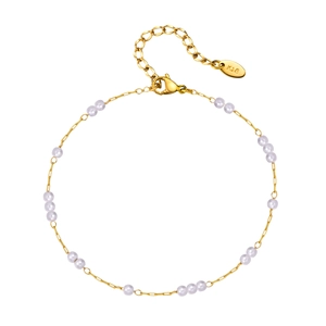 Golden stainless steel anklet with white imitation pearls and K18 engraved metal tag