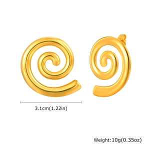 Detail view of 18K gold plated stainless steel spiral stud earrings with 3.1cm diameter