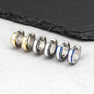 Boucles d'Oreilles Huggie Créoles Minimalistes en Acier Inoxydable Hommes Femmes Rayures Géométriques Bicolores Bijoux de Mode