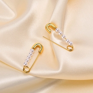 Safety Pin Shape Drop Earrings With Artificial Pearls And Stainless Steel Earring Post 18K Gold Plated Elegant Jewelry For Women
