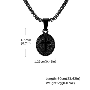 Detail showing matte black cross oval pendant measurements and stainless steel box chain