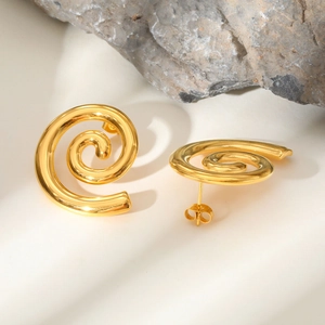 Minimalist spiral 18K gold earrings on elegant stone display for women