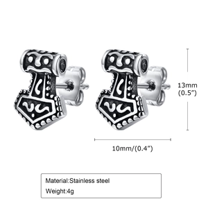 Detailed view of Thor's Hammer Mjölnir earrings in vintage stainless steel finish
