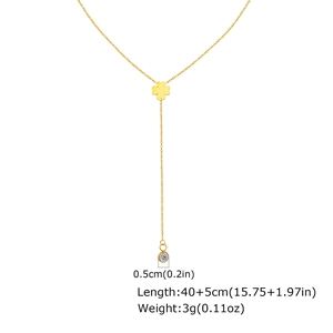 Macro detail of 18K gold-plated Y-necklace showing 0.5cm zircon and chain measurements