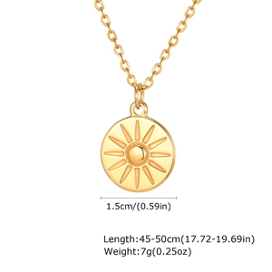 Detailed view of 1.5cm golden sunburst pendant with adjustable 45-50cm steel chain
