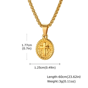 Detailed size specifications for gold oval cross pendant necklace with box chain