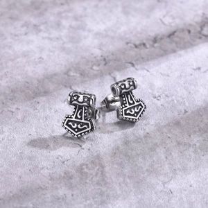 Vintage Stainless Steel Thor's Hammer Mjolnir Stud Earrings For Men Viking Punk Style Jewelry With 925 Silver Earring Post