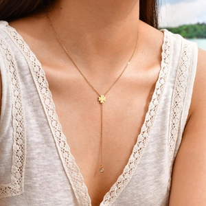 Gold Plated Stainless Steel Clover Tassel Y-Necklace Rhinestone Inlaid Flower Pendant Long Chain Fashion Jewelry For Women