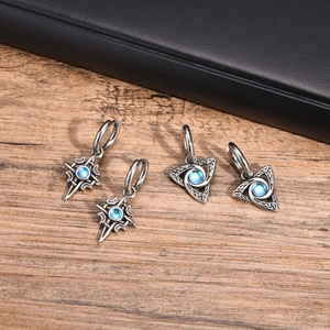 Vintage Celtic moon and star earrings with blue moonstone and black stainless steel detail