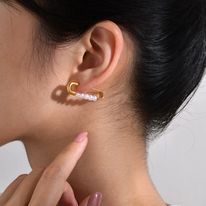 Fashion safety pin earrings with five white pearls for women in gold stainless steel