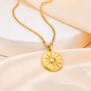Women Stainless Steel Gold Plated Round Sunburst Coin Pendant Necklace Adjustable Chain Hypoallergenic Fashion Jewelry