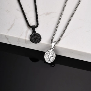Classic silver and black stainless steel cross pendant necklace with hammer texture finish