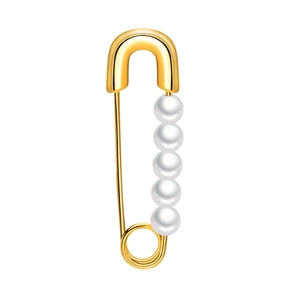 Golden safety pin earrings with five round white pearls in a minimalist design