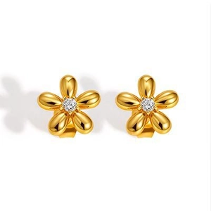 Golden 18K stainless steel flower stud earrings with a sparkling zircon center stone