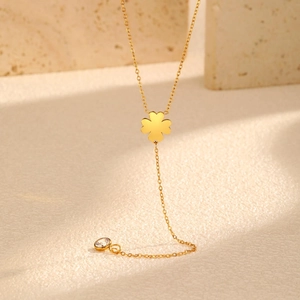 18K gold plated stainless steel Y-shaped necklace with clover pendant and zircon drop