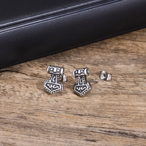 Vintage stainless steel Mjolnir hammer stud earrings with Nordic Viking textured details