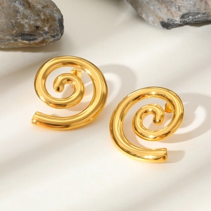 Minimalist 18K gold spiral geometric stud earrings with polished stainless steel finish