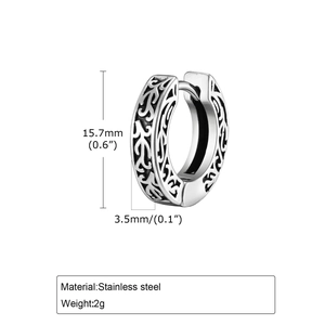 Detailed size view of retro stainless steel hoop earring with black tribal engraving