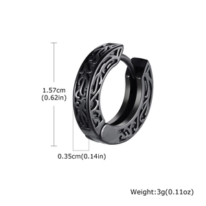Detailed size specifications of the vintage patterned black stainless steel hoop earring
